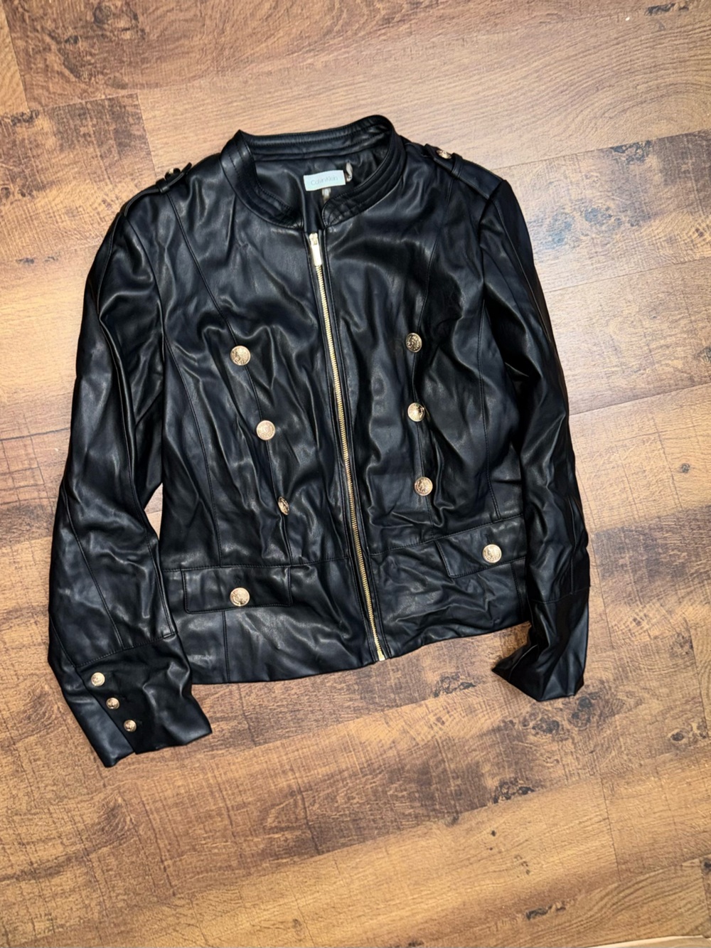 Calvin Klein Black Faux Leather Jacket with Gold Buttons